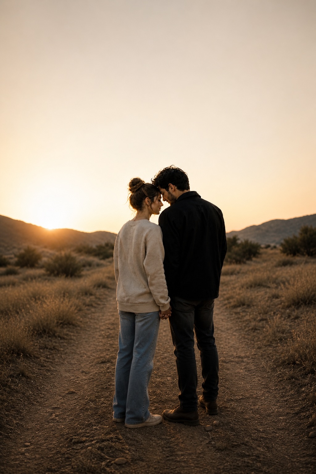 Two people on a desert ridge at golden hour